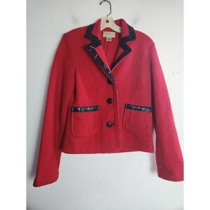 Boutique Essential Women Red 100% Wool w/Leather Trim Blazer Jacket size Small
